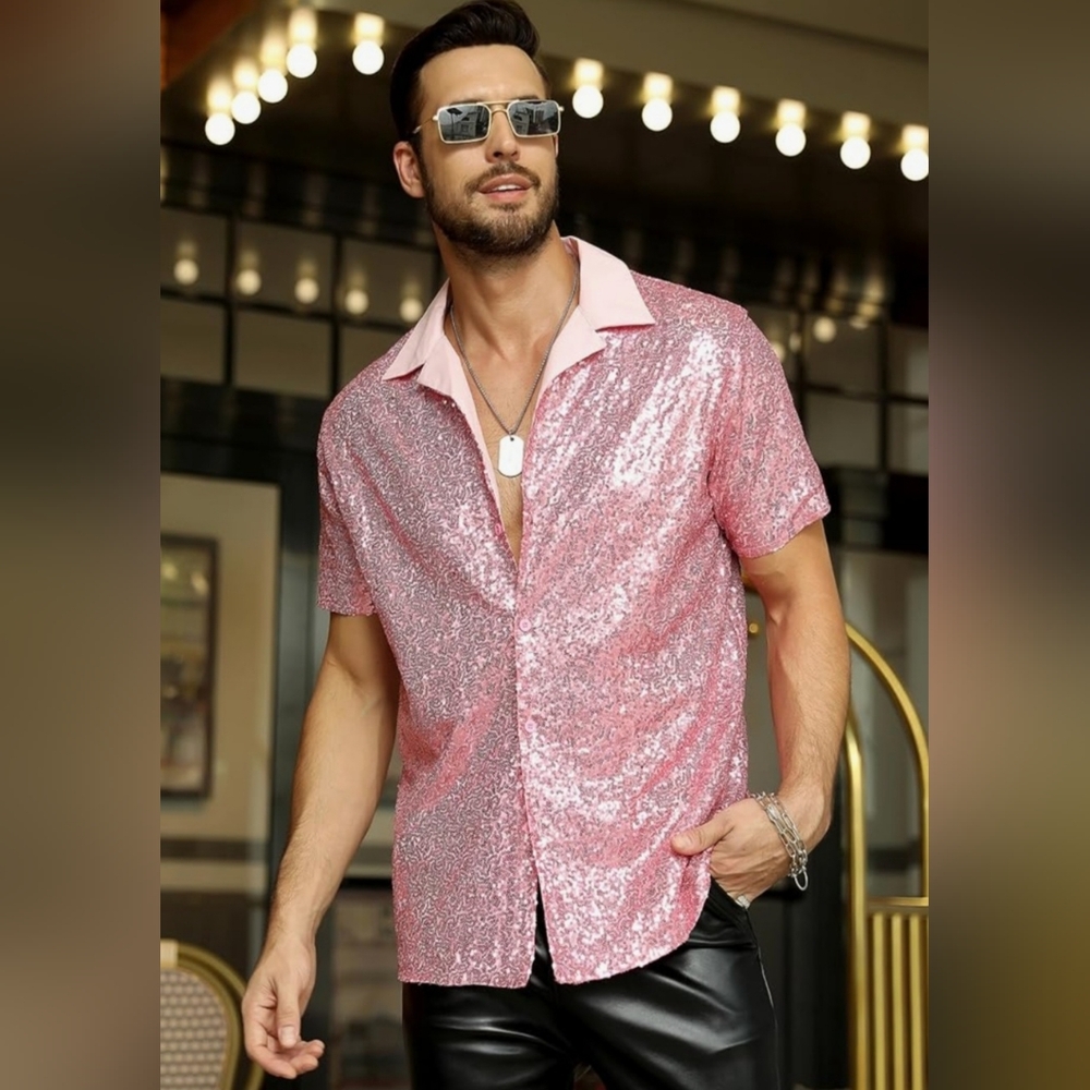 Men's Pink Sequin Button Down Shirt